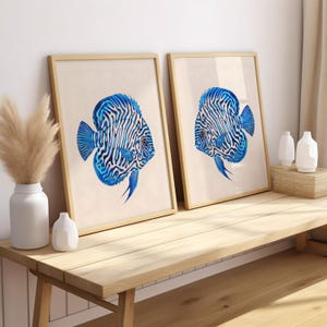 Blue Discus Fish 2 Piece Set Wall Art Poster or Canvas Print, Blue Fish Sea Life Art Print, Watercolor Prints, Sea Life Nursery Wall Decor