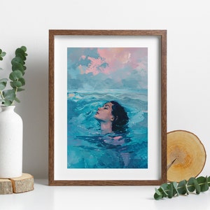 Woman In The Sea Art Print or Canvas, Abstract Swimming In The Ocean Poster Wall Art or Canvas, Lady Watching The Sea Painting Elegant Decor