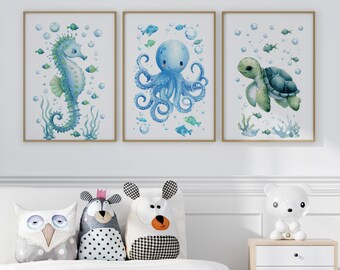 Watercolor Sea Animal Blue and Green Set of 3 Prints Poster or Canvas, Under the Sea Themed Minimalist Nursery Wall Decor, Sealife Art Print