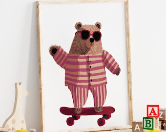 Funny Bear Skateboarding Wall Art Poster or Canvas Print, Whimsical Animal Nursery Decor, Playful Kids Room Art, Bear on Skateboard Print
