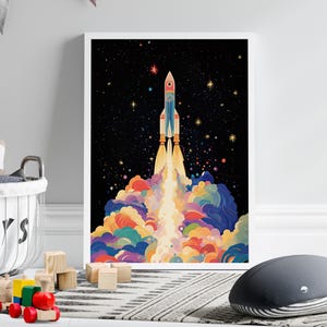 Colorful Cosmic Rocket Launch Art Poster or Canvas Print, Futuristic Starry Night Space Adventure Poster, Dreamy Art Print, Boys Room Decor