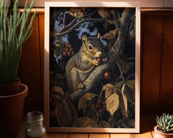 Squirrel William Morris Wall Art Print or Canvas, Vintage Spring Woodland Gift For Her Cottagecore Dark Academia Decor Mid Century Botanical