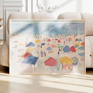 Colorful Tents on the Beach Scene Watercolor Coastal Art Poster or Canvas Print, Waves on Beach Print, Summer Art Print Beach House Decor