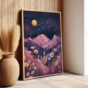 Rosa Lila Berge unter dem Mond, Kunstposter oder Leinwand, Berglandschaft, bezaubernder himmlischer Mond, Kunstdruck