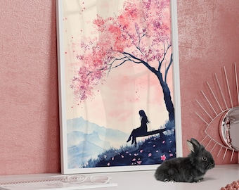 Girl Silhouette Under Cherry Blossom Tree Watercolor Wall Art
