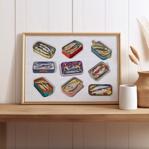 Opened Tin Can of Sardines Fish Art Print or Canvas Print, Sardine Collection Art Print, Funny Fish Wall Art, Retro Seafood Kitchen Poster