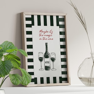 Wine Line Art Drawing Vintage Style Typography Poster or Canvas Print, Aesthetic Kitchen Decor, Magic in the Wine Print, Japandi Wall Art