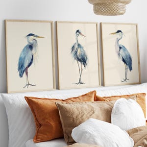 Great Blue Heron Watercolor Wall Art Set of 3 Poster or Canvas Print, Minimalist Coastal Bird Painting, Large Birds Print, Beach House Decor