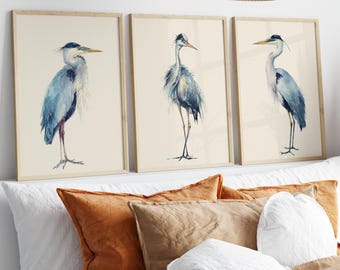 Great Blue Heron Watercolor Wall Art Set of 3 Poster or Canvas Print, Minimalist Coastal Bird Painting, Large Birds Print, Beach House Decor