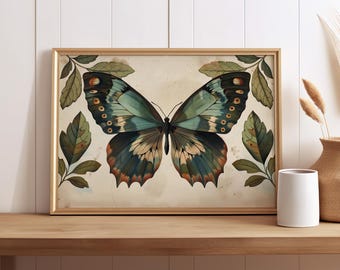 Iridescent Butterfly Vintage Art Botanical Poster or Canvas Print, Butterfly Still Life, Butterfly Wings Print, Insect Boho Moody Wall Art