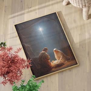 Nativity Scene Wall Art Poster or Canvas Print, Holy Family Portrait Christmas Wall Decor, Baby Jesus Manger Wall Art, Christian Home Decor