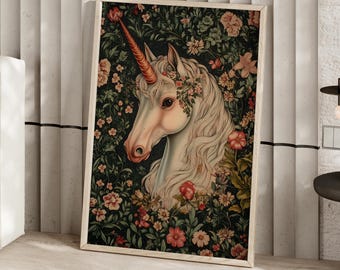 Vintage Unicorn William Morris Inspired Botanical Wall Art Poster or Canvas Print, Dark Academia Dark Cottagecore Decor, Horned Horse Print