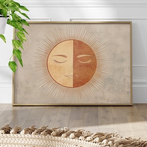 Earthy Tone Boho Sun Illustration Poster or Canvas Print, Retro Abstract Sun Print, Rustic Minimalist Sunshine Wall Art Cottagecore Decor