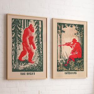 Retro Bigfoot and Hunter Wall Art Set of 2 Poster or Canvas Print, Hunting Cabin Decor, Outdoorsy Nature Prints, Gift for Dad Rustic Home