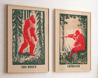 Retro Bigfoot and Hunter Wall Art Set of 2 Poster or Canvas Print, Hunting Cabin Decor, Outdoorsy Nature Prints, Gift for Dad Rustic Home