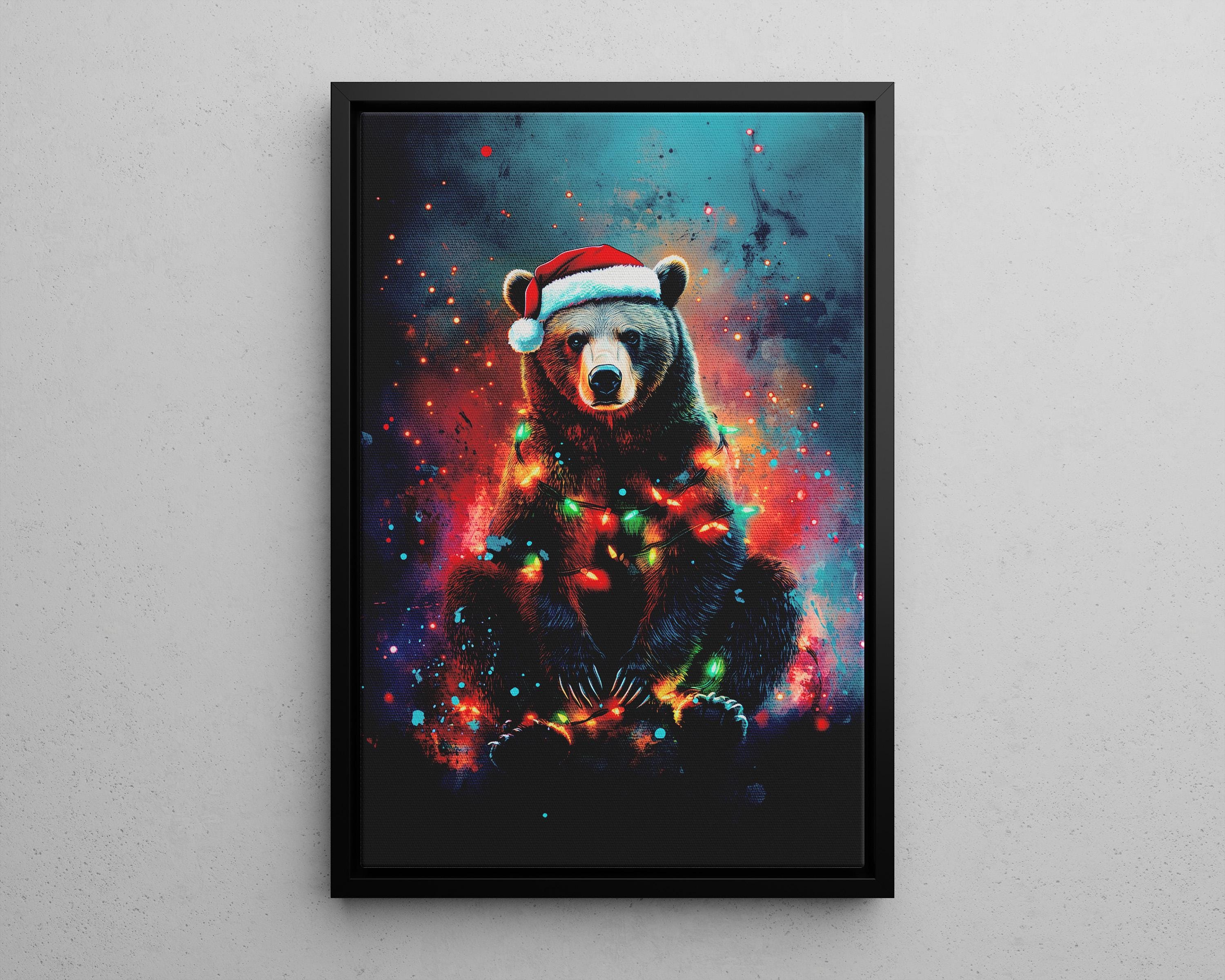 Grizzly Bear With Christmas Lights and Santa Hat Poster or Canvas Print ...
