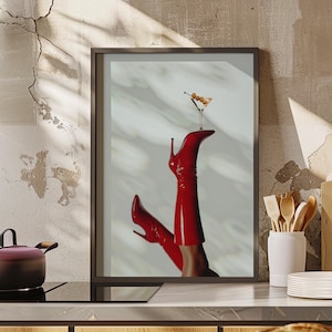 Red Boots Martini Modern Minimalist Art Print Poster or Canvas, Trendy Retro Preppy Bar Cart Dorm Magazine Cover Aesthetic Feminist Print