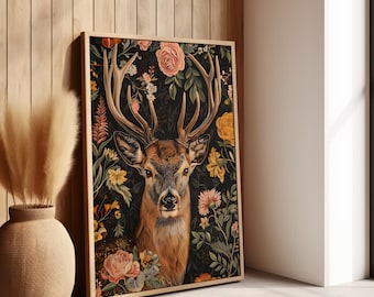 Deer William Morris Wall Art Print or Canvas, Vintage Animal Country Buck Gift For Him in Cottagecore Dark Academia Decor, Century Botanical