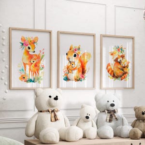Cute Woodland Nursery Animal Prints Set of 3 Poster or Canvas, Deer Raccoon Squirrel Watercolor Art, Forest Mother & Baby Animals Wall Deco