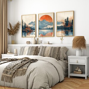 Watercolor Mountain Landscape Lake Sun 3 Piece Set Poster or Canvas ...
