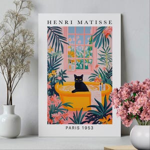 Black Cat in Bathtub Wall Art Poster or Canvas Print, Funny Bathroom Print, Henri Matisse Print, Maximalist Animal Decor, Whimsy Cat Print