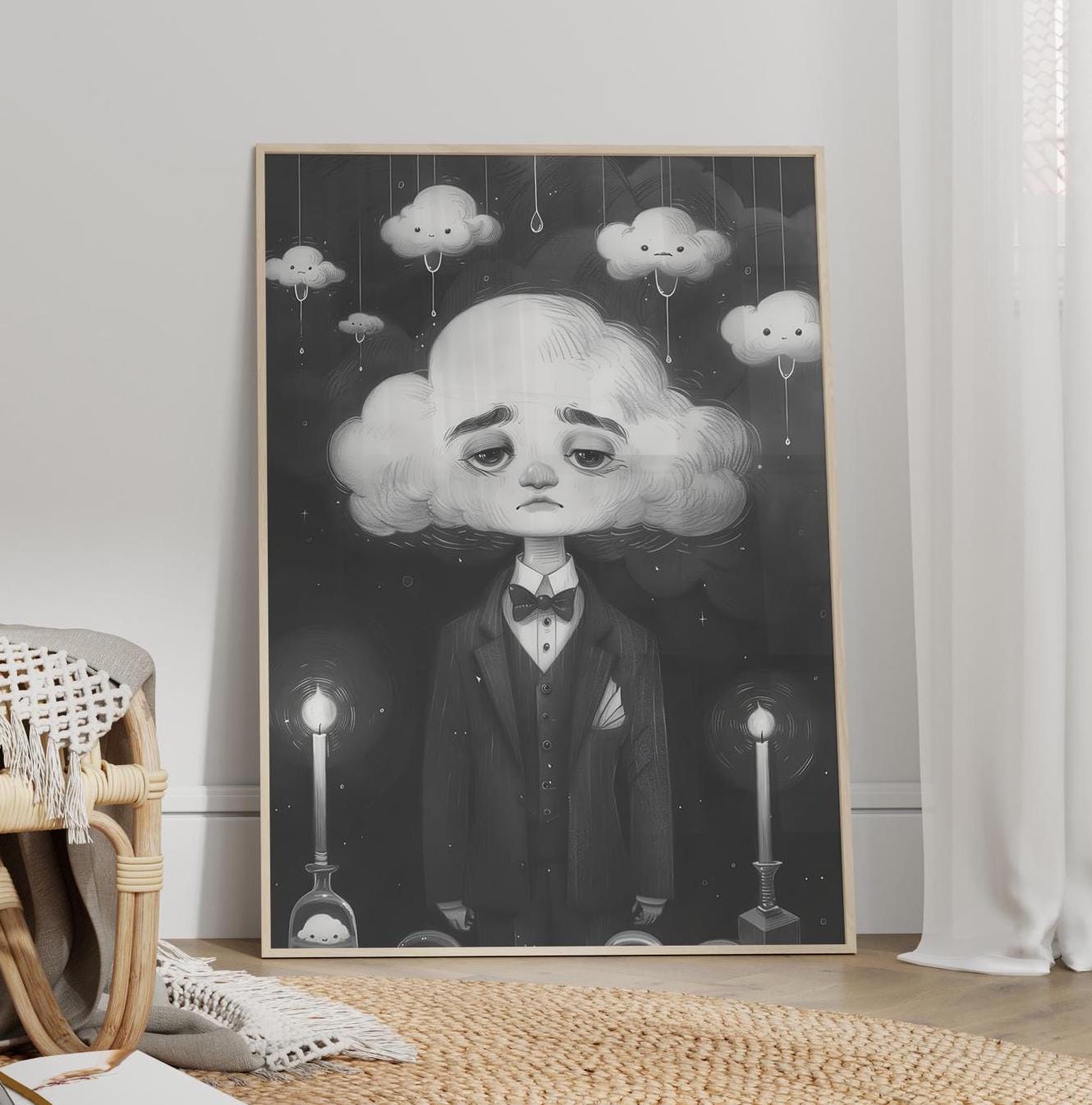 Sad Face Cloud Head Gothic Wall Art Poster or Canvas Print, Moody Victorian Art Dark Academia Whimsigoth Clouds Black and White Wall Art
