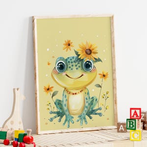 Frog Sunflower Watercolor Nursery Art Print or Canvas, Cute Frog Decor Wall Art, Animal Print Frog Painting Gifts For Toddler Or Nursery