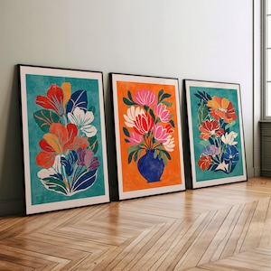 Colorful Abstract Boho Flowers Set of 3 Wall Art Poster or Canvas Print, Mid Century Modern Floral Botanical Illustrations, Spring Wall Art