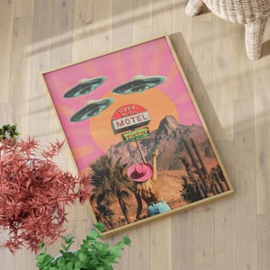 Retro UFO Motel Poster or Canvas, 80s Cowgirl Collage Art, Vintage Pink Aesthetic Wall Art, Surreal Western Decor, Trendy Desert Wall Art