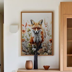 Beautiful Fox Wildflowers Botanical Poster, Floral Animal Print, Fox Floral Art Print, Fox and Flowers Wildlife Wall Decor or Canvas Print