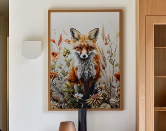 Beautiful Fox Wildflowers Botanical Poster, Floral Animal Print, Fox Floral Art Print, Fox and Flowers Wildlife Wall Decor or Canvas Print