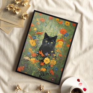 Klimt Flowers Cat Wall Art or Canvas, Gustav Klimt Garden Cat Print, Black Cat Floral Poster, Gift Funny Cat Print, Monet Lovers Home Decor