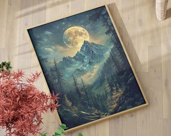 Enchanting Moon Over Mountains and Forest Landscape Poster or Canvas Print, Moonlit Landscape Magical Night Painting, Golden Moon Wall Art