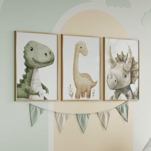 T-rex Dinosaur Brachiosaurus Triceratops Watercolor Painting 3 Piece Set Dinosaurs Prints, Baby Art Print Nursery Poster or Canvas Print