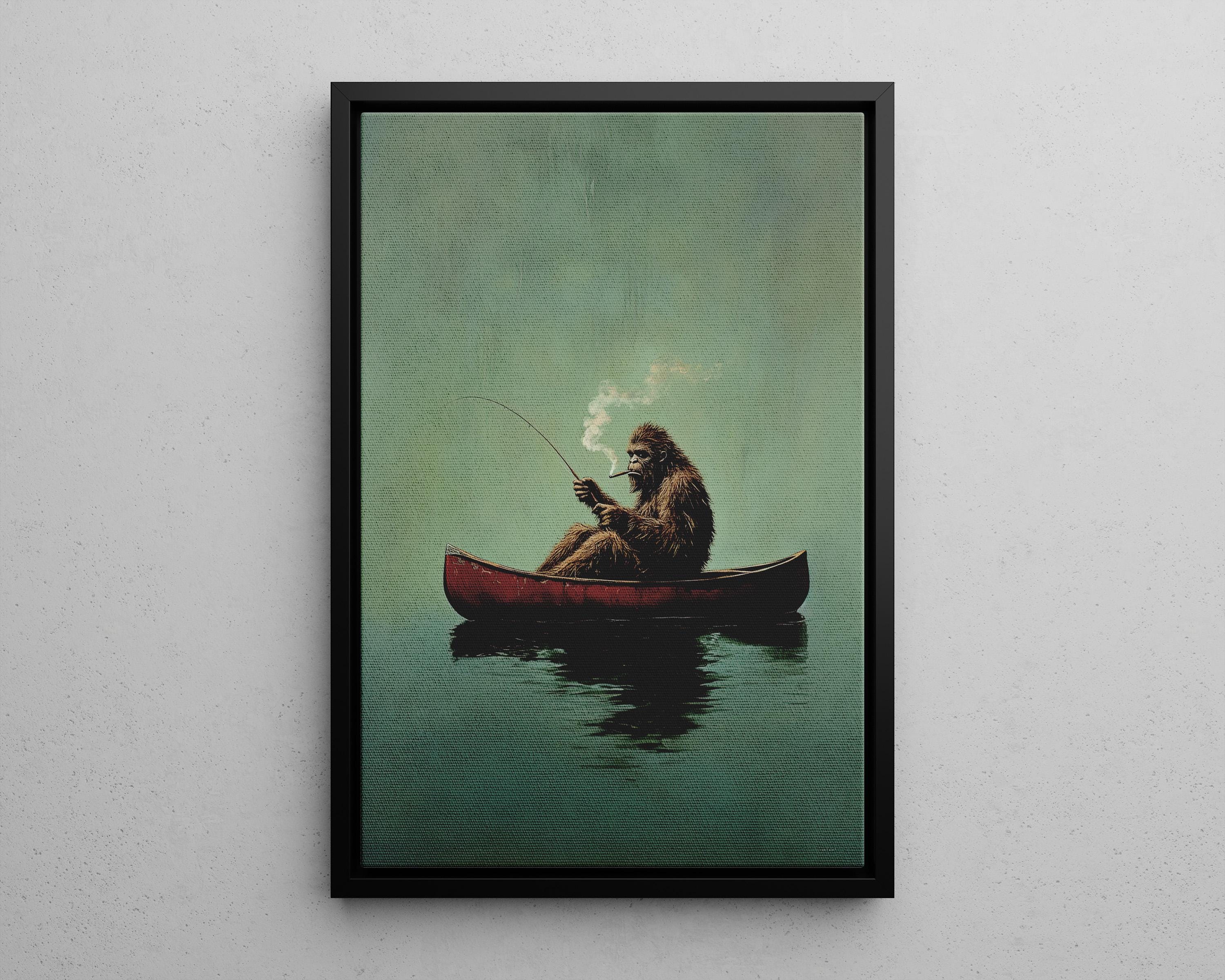 Bigfoot on a Red Canoe Fishing Retro Art Poster or Canvas Print