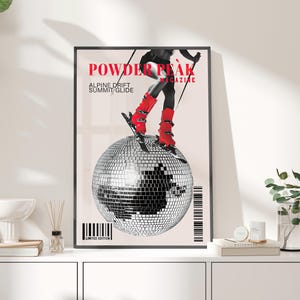 Powder Peak Ski Retro Disco Ball Wall Art Poster or Canvas Print, Winter Skiing Funny Wall Decor, Vintage  Print Retro Woman Ski Home Decor