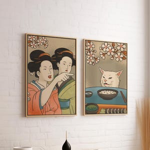 Japanese Woman Yells At Cat 2 Piece Wall Art Set Canvas | Unique and Funny | Perfect Gift Meme and Art Fans, Framed Hilarious Decor Japanese