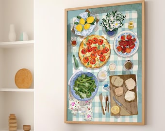 Retro Italian Dinner Table Wall Art Poster or Canvas Print, Italian Food Print, Colorful Mediterranean Food Illustration Dining Room Decor