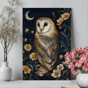 Vintage Barn Owl William Morris inspired Painting Poster or Canvas Print, Starry Night Sky Crescent Moon Floral Art Dark Cottagecore Decor