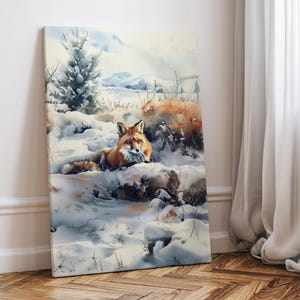 Snow Fox Wall Art Print or Canvas, Winter Fox Art Print, Winter Landscape Fox Snow Painting, Forest Wildlife Animal Print Home Decor Poster