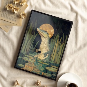 Alligator in the Swamp and Golden Moon Behind Green Wall Art Poster or Canvas Print, Art Nouveau Print, Vintage Nature Print Animal Wall Art