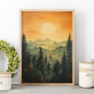 Oil Painting Style Mountain & Pine Forest Wall Art or Canvas, Aesthetic Sunset Print, Modern Home Room Decor, Perfect Gift For Nature Lover