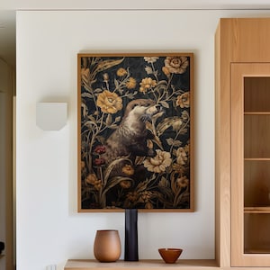 Sea Otter William Morris Wall Art Print or Canvas, Vintage Animal Lover Gift For Her Cottagecore Dark Academia Decor, Mid Century Botanical