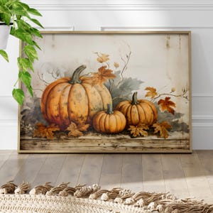 Vintage Autumn Poster Art Print or Canvas, Calming Colored Thanksgiving Fall Farmhouse Art, Rustic Painting, Pumpkin Fall Still Life Design