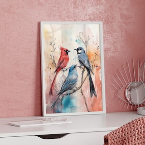 Watercolor Birds on Branches Art Print Poster or Canvas, Whimsical Bird Nature Art Print, Minimalist Bird Art Nursery Decor, Bird Lover Gift