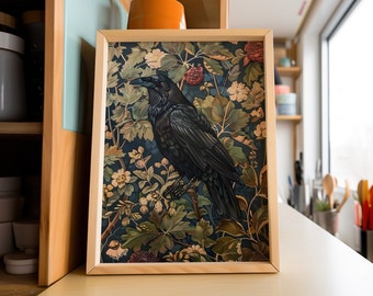 Black Crow William Morris Canvas Wall Art Print, Vintage Victorian Bird Gift For Her Cottagecore Dark Academia Decor, Mid Century Botanical