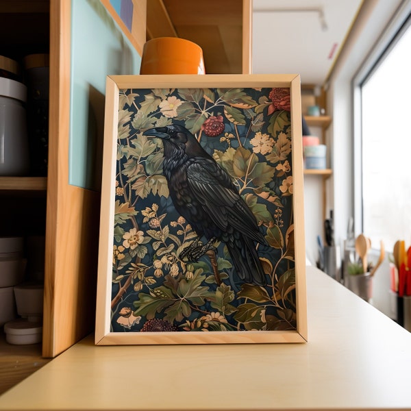 Black Crow William Morris Canvas Wall Art Print, Vintage Victorian Bird Gift For Her Cottagecore Dark Academia Decor, Mid Century Botanical