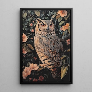 May include: A large, brown and white owl with yellow eyes is perched on a branch in a dark forest. The owl is surrounded by pink and white flowers.