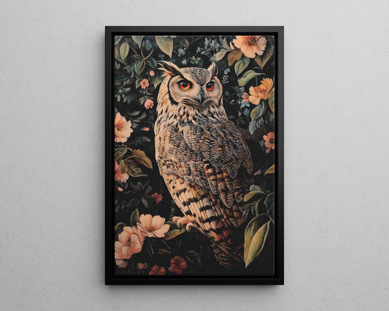 May include: A large, brown and white owl with yellow eyes is perched on a branch in a dark forest. The owl is surrounded by pink and white flowers.