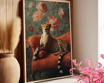 Vintage Cheetah Wall Art Poster or Canvas Print, Boho Animal Print, Maximalist Floral Decor, Luxury Animal Wall Art, Chic Bedroom Wall Decor